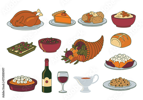 A collection of illustrated traditional Thanksgiving dinner foods, including turkey, pie, and side dishes.