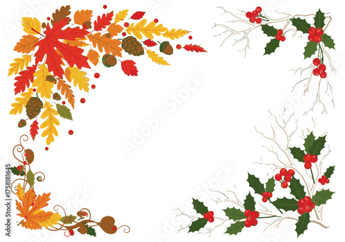 A set of four decorative corner borders illustrating autumn leaves and winter holly for seasonal designs.