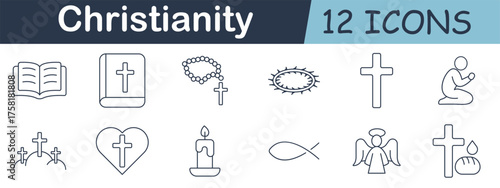 Christianity set icon. Cross, Bible, rosary, crown of thorns, praying person, fish, angel, candle, heart, baptism, and church in spiritual minimal outline.