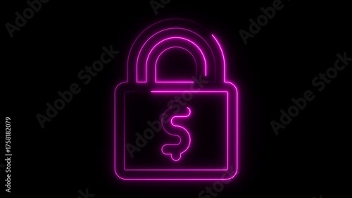 Dollar mark with lock icon animation glowing neon pink color security privacy on black background. secure, security, single line, success, symbol, unlock, 