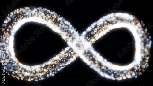 Abstract infinity symbol animation glowing particles on black background