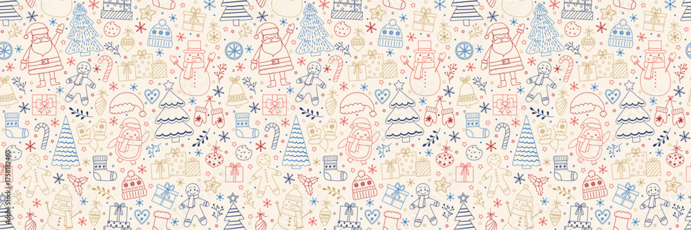 Fototapeta premium Colourful Christmas seamless pattern with cartoon characters and ornaments. Vector illustration