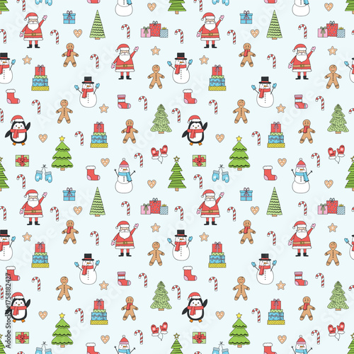 Christmas seamless pattern. Cute holiday background with cartoon ornaments. Vector illustration