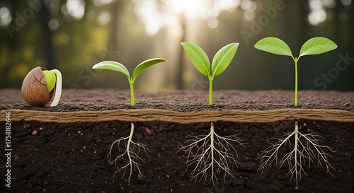 Plant life cycle and agricultural growth stages. Natural environment and sustainable farming. Seed germinating into a seedling in a cross-section of rich soil with exposed roots