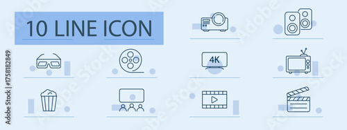 Cinema set icon. Glasses, reel, projector, speaker, screen, TV, popcorn, audience, video, clapper. Movie, media, show, production, experience, technology, broadcast, entertainment.