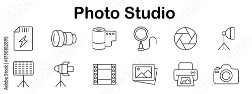 Photo studio set icon. Camera, lens, tripod, lighting, softbox, printer, memory card, film roll, image frame, photo reel, aperture, magnifier in outline style