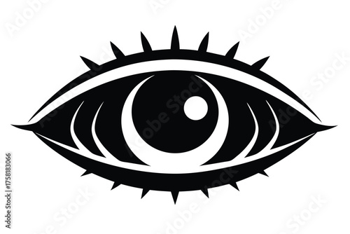 Abstract monochrome eye with spiky eyelashes gazes outward starkly against a white background