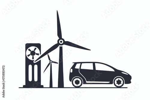 An electric vehicle near turbines represents clean energy in this black monochrome artwork