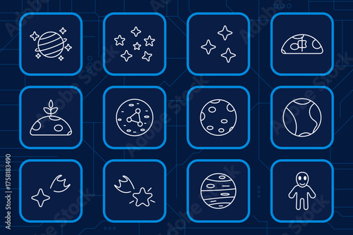 Space objects set icon. Planet, stars, moon, meteor, alien, space, asteroid, surface, cosmos, orbit, astronomy, galaxy exploration.