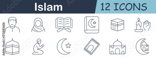 Islam set icon. Man, woman, Quran, crescent, Kaaba, candle, prayer, mosque, mat, architecture, moon.