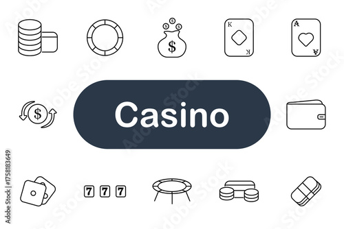 Casino set icon. poker chips, playing cards, dice, 777 slot, money bag, wallet, roulette, dollar exchange, game table, and stack of tokens.