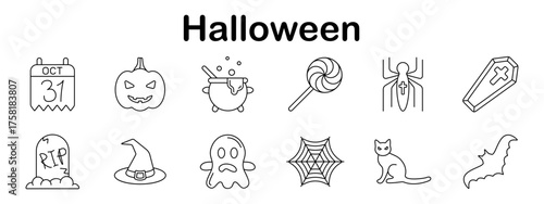 Halloween set icon. Calendar date, carved pumpkin, cauldron, lollipop, hanging spider, coffin, tombstone, witch hat, ghost, spiderweb, black cat, bat illustrated simply.