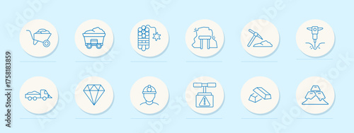 Mining set icon. Wheelbarrow, ore cart, dynamite, tunnel, pickaxe, jackhammer, dump truck, diamond, miner, hazard weight, gold bars, mineral excavation equipment.