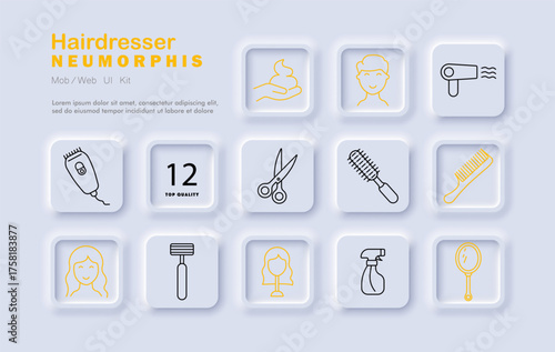Hairdresser set icon. Cream, hairstyle, dryer, clipper, scissors, brush, comb, razor, client, spray, mirror tools and services of beauty salon.