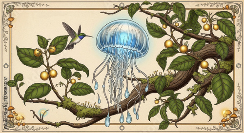 Hummingbird and Glowing Jellyfish on Branch