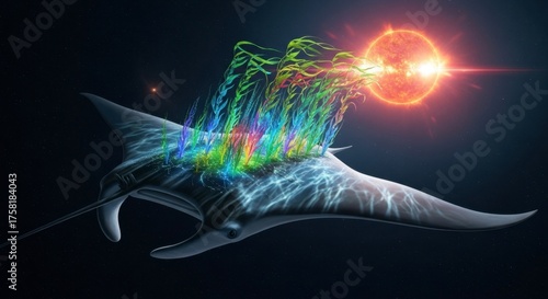 Manta ray absorbing spectrum light from sunlike orb