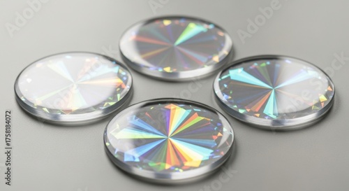 Four round optical lenses with colorful light reflections