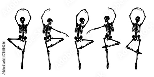 Ballet. Five dancing black silhouettes of skeletons isolated on a white background. Vector illustration
