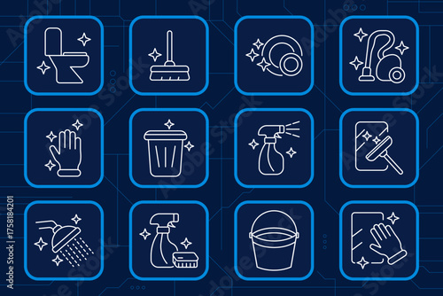 Cleaning set icon. Mop, broom, vacuum, spray, gloves, trash bin, bucket, shower, mirror, dish, hygiene, sanitation, home cleanliness tools.