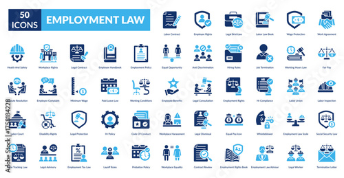 Employment Law Fill Icon Set. Labor Contract, Employee Rights, Legal Briefcase, Labor Law Book, Wage Protection, Work Agreement, Fair Wage