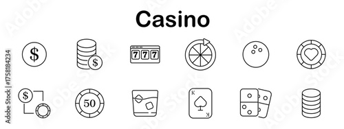 Casino set icon. Dollar coin, chip stack, slot machine, roulette wheel, dice face, poker chip, chip exchange, whiskey glass, king card, ace card, dice pair, coin tower.