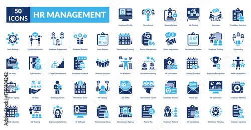 Hr Management Fill Icon Set. Employee Profile, Talent Acquisition, Resume Evaluation, Job Advertisement, Interview Process, Candidate Selection, New Hire Onboarding