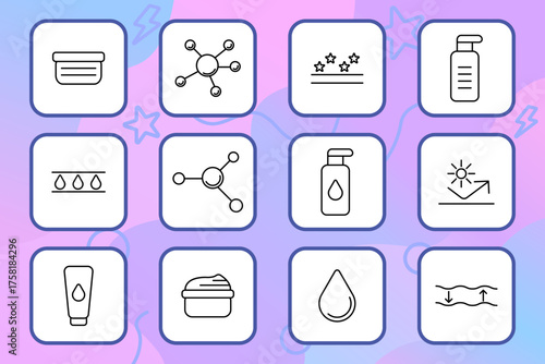 Cosmetic set icon. Cream, serum, molecule, sunscreen, lotion, hydration, formula, drop, shine, elasticity, beauty, skincare, moisturizer, treatment, glow, product, protection, face, care, cosmetic