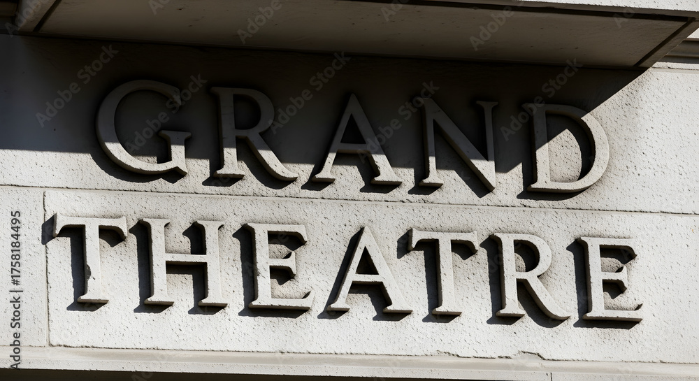 Obraz premium The words Grand Theatre carved in stone on the facade of a historic building with strong shadows
