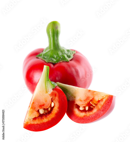 Sweet round peppers isolated on white background. Ripe round red paprika. Clipping path.