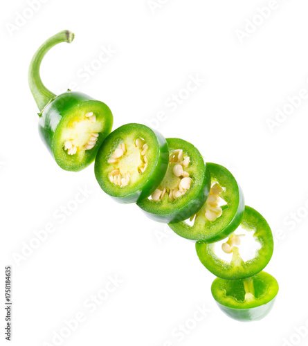 Fresh jalapeno pepper isolated on white background. Slices of green hot serrano pepper. Clipping path. Top view.