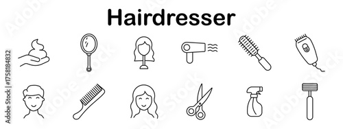 Hairdresser set icon. Line style icons showing mirror, scissors, hairdryer, spray, brush, razor, shampoo, heads, and comb in personal grooming context