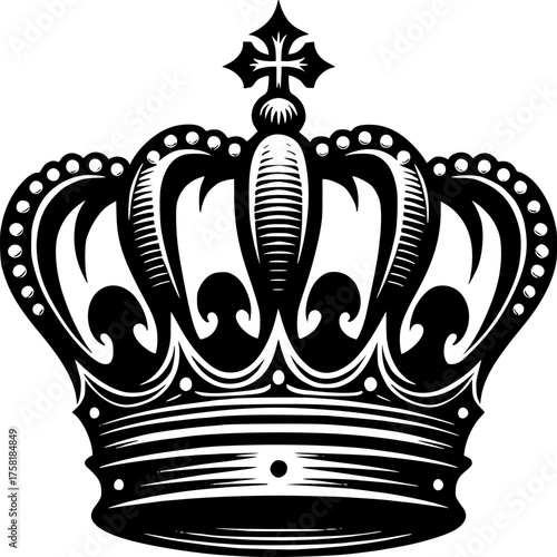 Majestic Royal Crown: An intricately designed royal crown, a symbol of power and nobility, rendered in elegant monochrome. This image captures the essence of regal splendor and historical heritage.