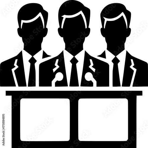 Symbol of Authority: A unified silhouette of three authoritative figures, impeccably suited, poised behind a podium, a potent visual metaphor for power, leadership and governance.
