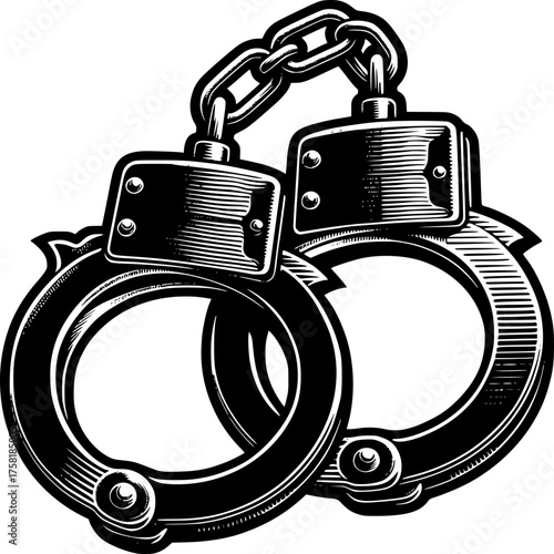 Justice Restrained: Intricately detailed image showcases a pair of steel handcuffs, symbolizing justice, law enforcement, and confinement.