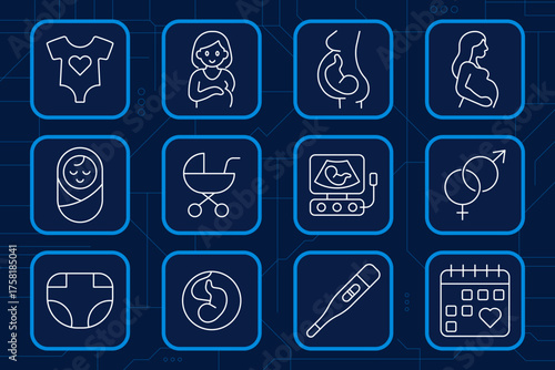 Pregnancy set icon. Expectant mother, fetus, ultrasound, stroller, baby clothes, diaper, thermometer, calendar, newborn, parenting, health, maternity care.