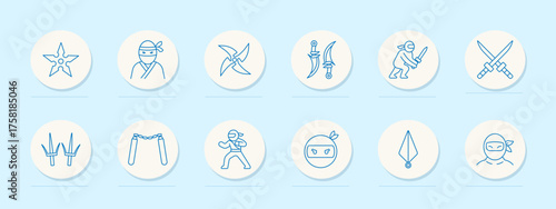 Ninja set icon. Throwing star, masked ninja, curved dagger, fighting stance, crossed swords, sai, nunchaku, action pose, hooded head, kunai, traditional combat weapons.