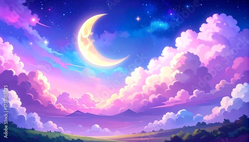 A vibrant, dreamy landscape painting showcases a pastel-hued sky filled with fluffy clouds and a crescent moon, set against a gentle, rolling terrain.