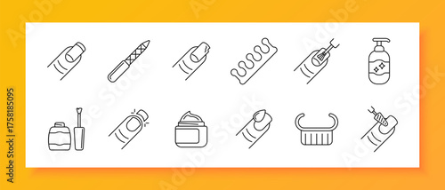 Nail care set icon. Nail, polish, file, brush, cream, sanitizer, manicure, beauty, tool, hygiene, care, shine, design, treatment, cleaning, cosmetic, skin, health, detail, hand