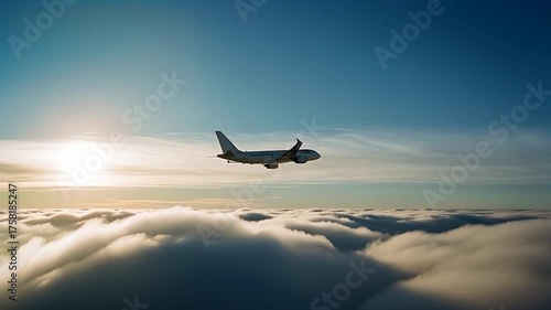 Passenger airplane flying above the clouds. Silhouette airplane flying across the sky. Side view angle.