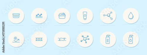 Skincare set icon. Cream, shine, container, drop, molecule, hydration, pipette, face mask, elasticity, effect, cleanser. Beauty, cosmetic, serum, body, care, soft, product, skin