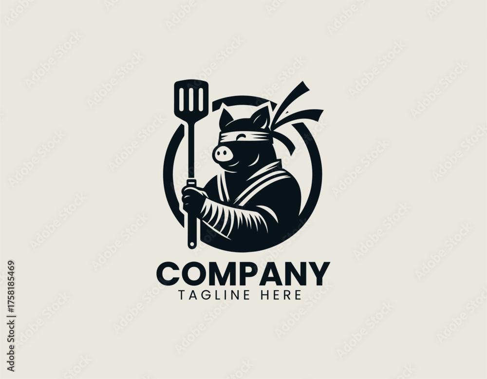 Fototapeta premium Quirky Ninja Chef Pig Vector Logo Illustration