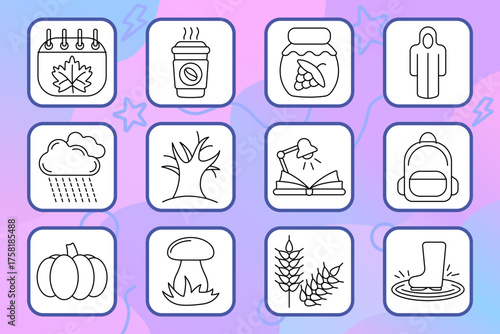 Autumn set icon. Calendar, drink, jar, rain, tree, lamp, pumpkin, mushroom, boots, wheat, coat, backpack. Fall, season, harvest, weather, cozy.