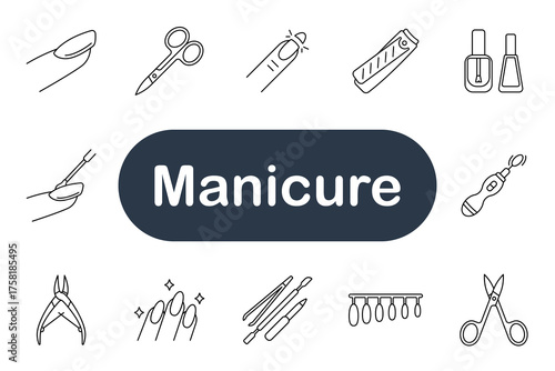 Manicure set icon. Nail polish, scissors, clipper, file, brush, drill, cuticle, nipper, hands, care, beauty, salon, design, clean, hygiene, tool, fashion, shape, color, treatment