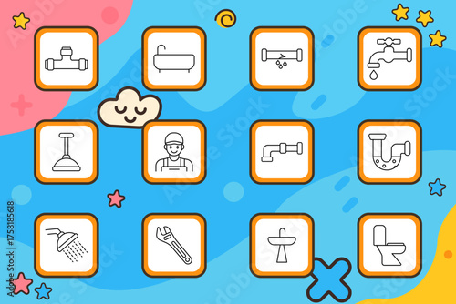 Plumbing set icon. Faucet, bathtub, broken pipe, leaking valve, plunger, plumber, connector, drain, shower, wrench, sink, toilet. Water system, repair, bathroom, tools.