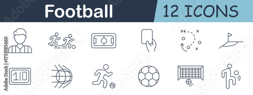 Football set icon. Referee, players, field, card, tactics, corner flag, scoreboard, goal net, ball, dribble, and kick symbols in outlined sports theme.