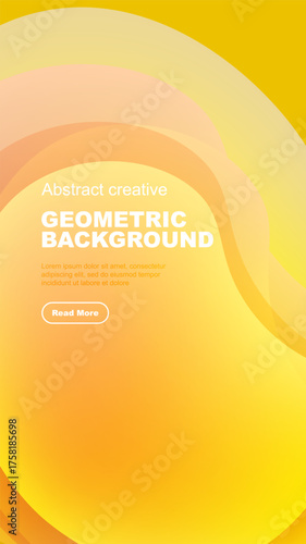 Abstract geometric background features warm color gradients. Text overlay includes title, sample text, button. Modern design elements present.