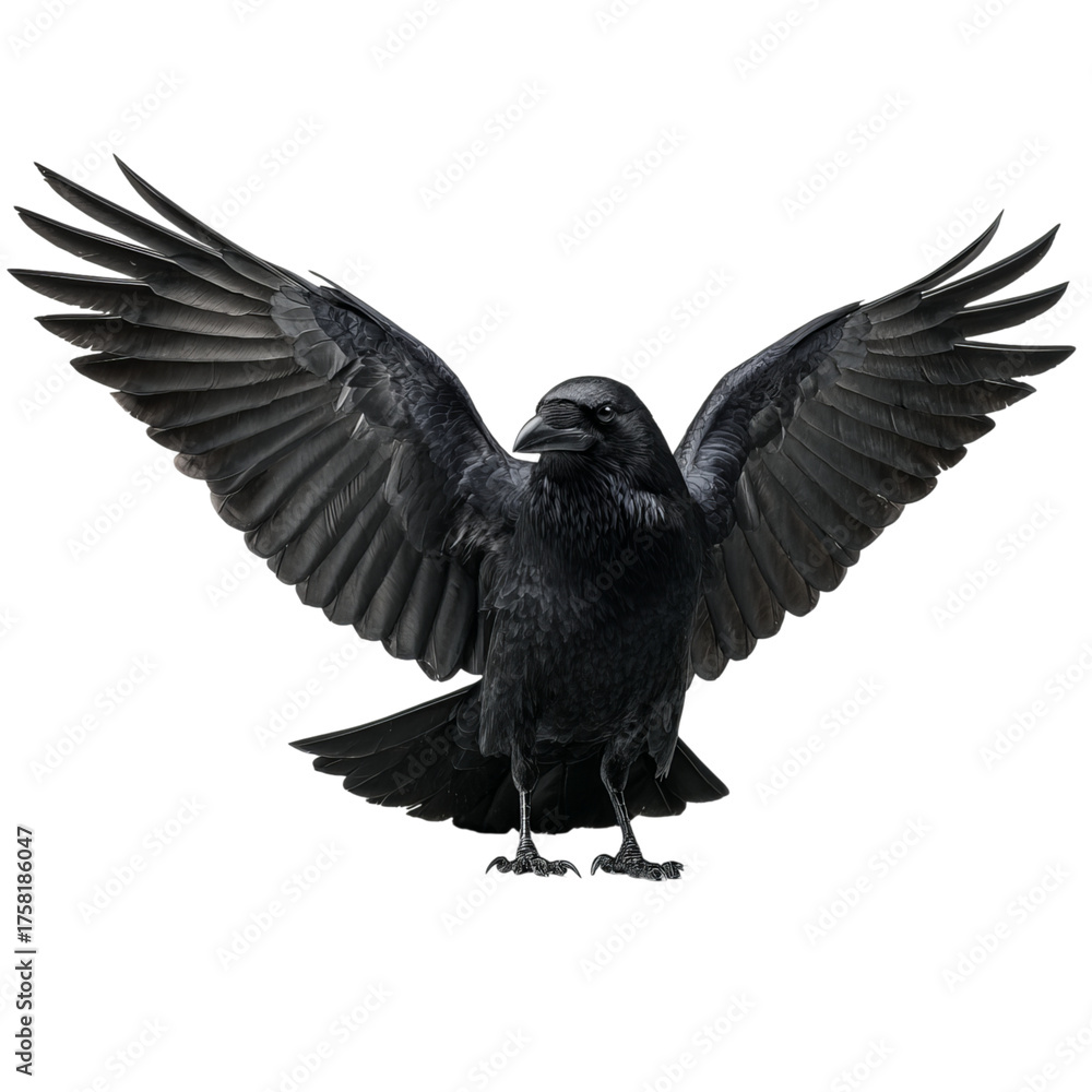 Naklejka premium Png of raven with wings spread isolated on transparent background, showcasing its impressive wingspan and powerful presence