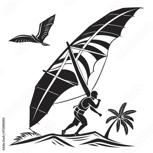 Hang glider pilot on tropical island with palm tree and bird, black and white vector illustration.