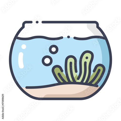 An illustration of a fishbowl holding water bubbles sand and green plants