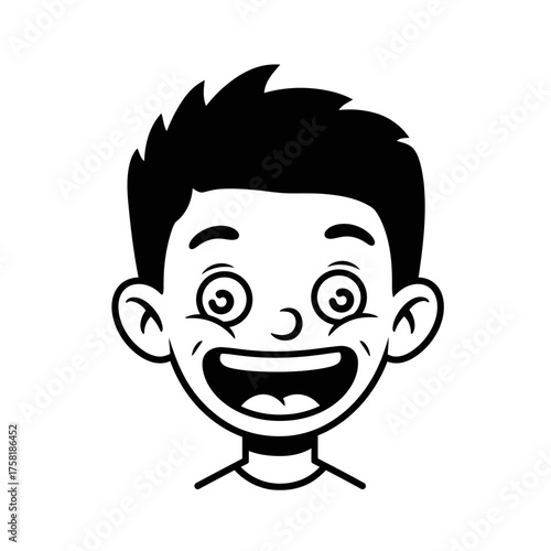 Monochrome cartoon portrait of an ecstatic boy with spiky hair spiral eyes and a wide joyful laugh.